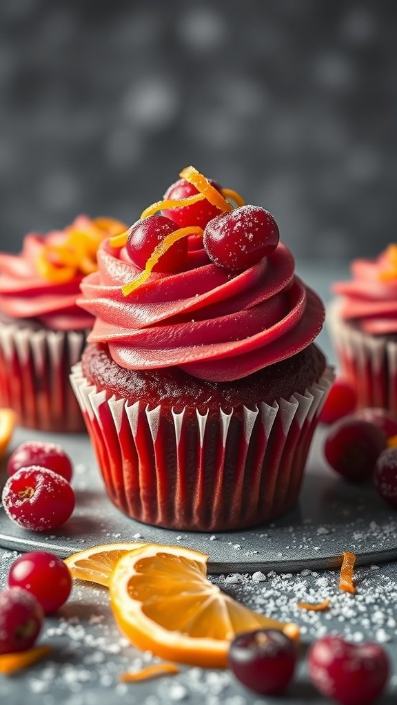 Cranberry Orange Cupcakes with festive garnish.