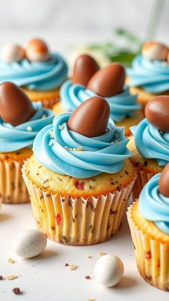 Cupcakes with blue frosting and chocolate egg decoration