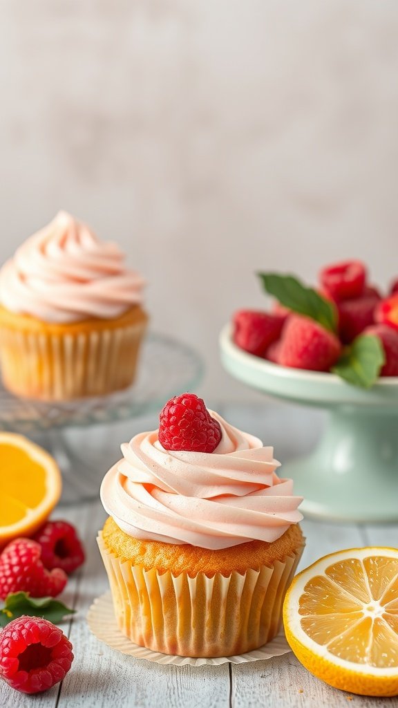 Cupcakes topped with pink frosting and raspberries, with fresh raspberries and lemon slices in the foreground