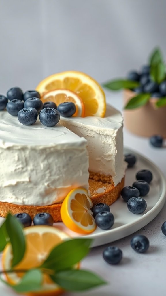A Citrus Burst Blueberry Mascarpone Layer Cake with lemon slices and blueberries on top.