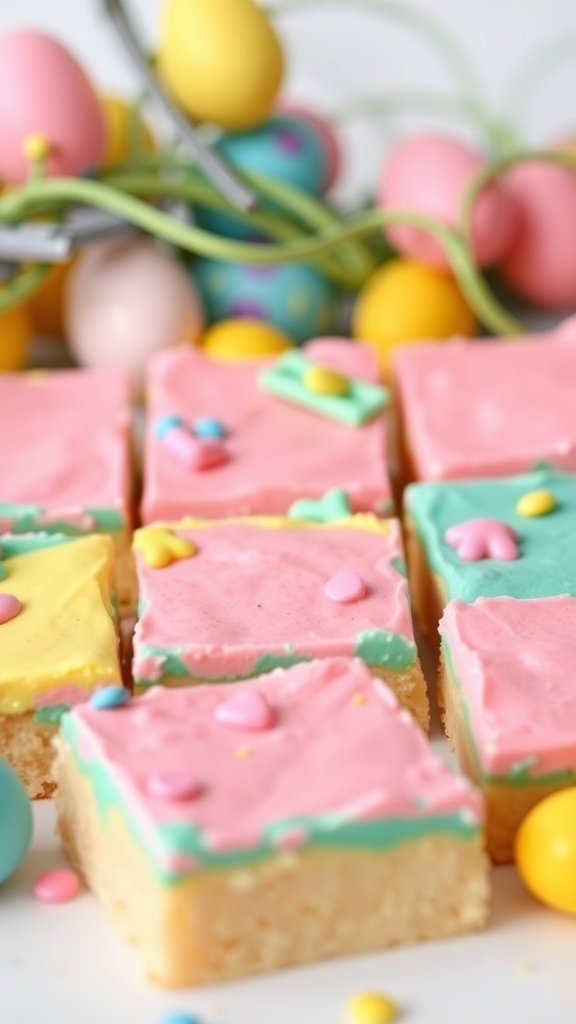 Colorful cookie bars with pastel icing and sprinkles, surrounded by Easter eggs.