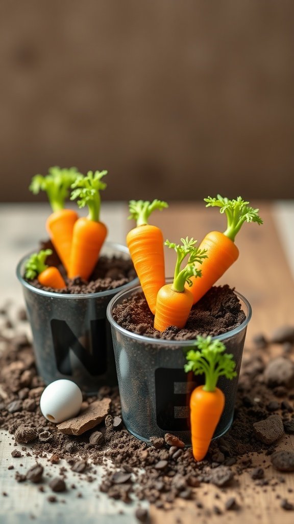 Cute carrot patch dirt cups with chocolate pudding and decorations for Easter