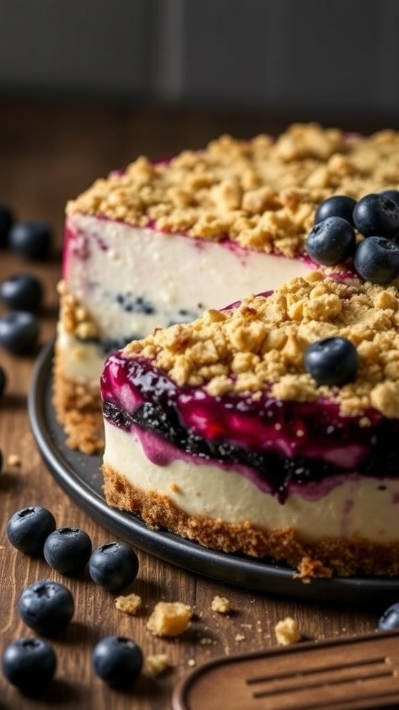 A slice of blueberry crumble cheesecake with blueberries around it