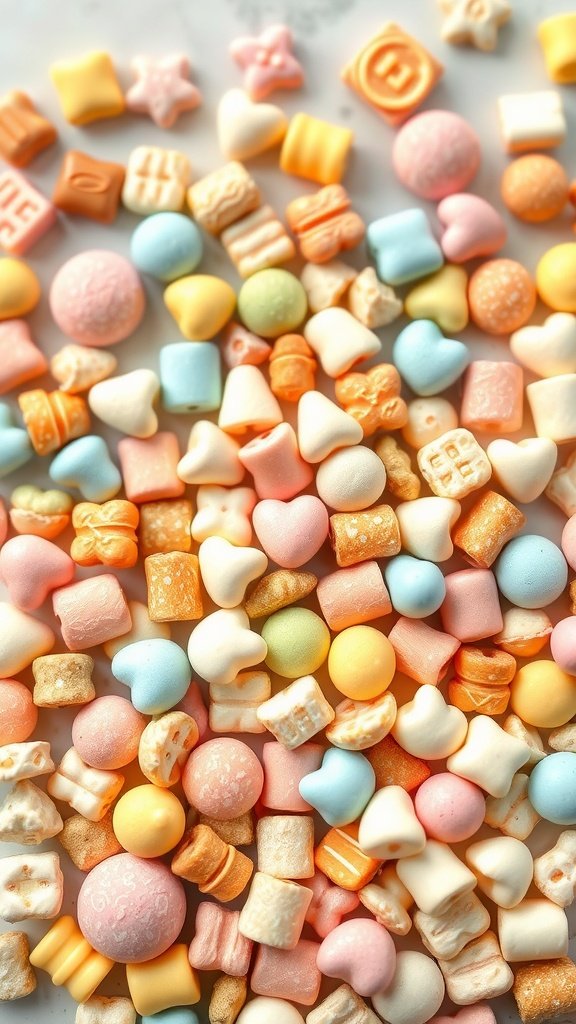 A colorful assortment of pastel candies and snack pieces.