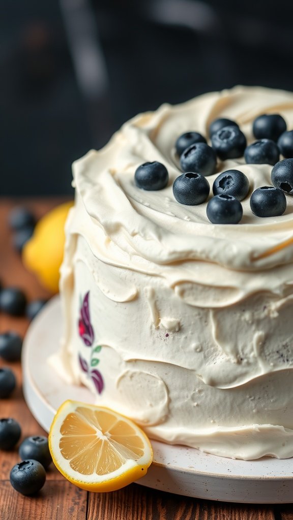 A beautifully decorated lemon blueberry cake topped with blueberries and a slice of lemon.