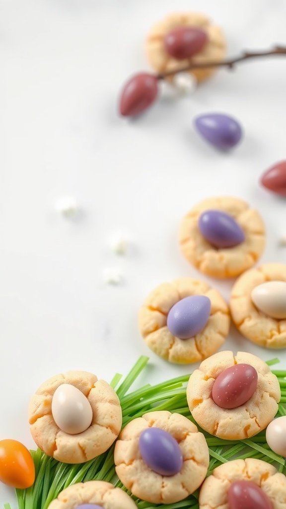 Mini Cadbury egg cookies arranged on a grassy surface with colorful eggs