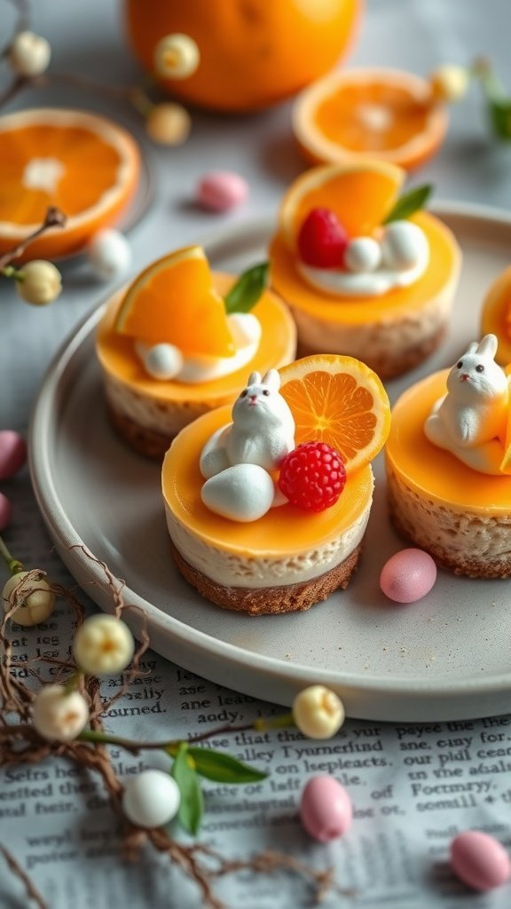 Colorful mini cheesecakes with orange glaze and decorative toppings.