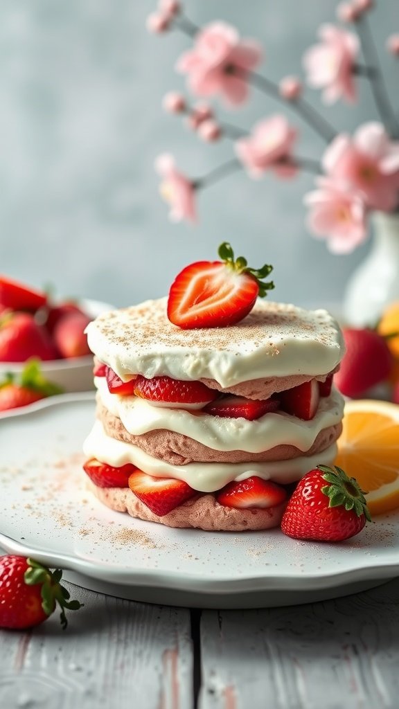 Delicious strawberry tiramisu layered with cream and strawberries