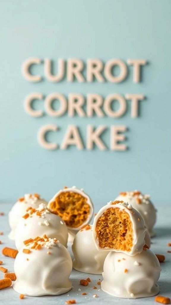 Carrot cake truffles with a bite taken out of one, against a light blue background.