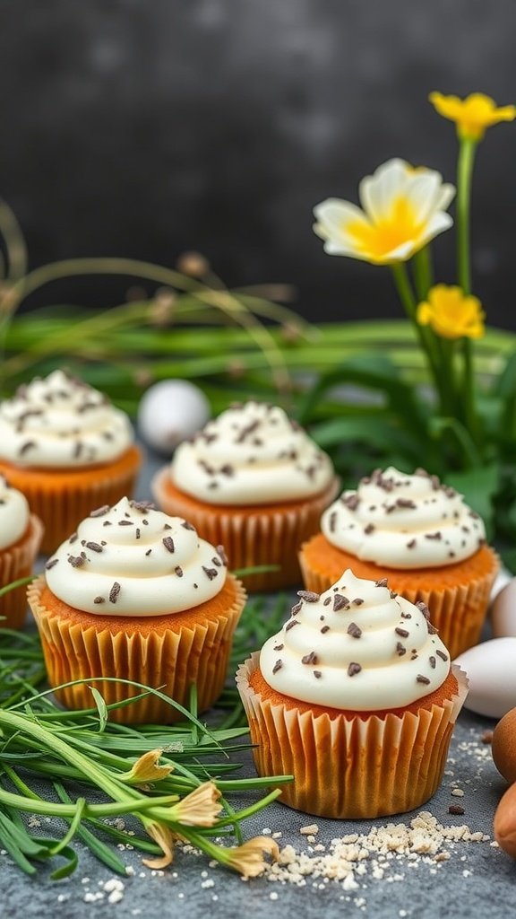 Colorful Easter cupcakes with white frosting and chocolate sprinkles, surrounded by flowers and eggs.