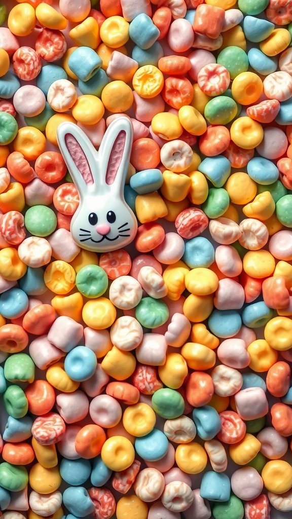 Colorful Easter candy with a bunny-shaped treat in the center.