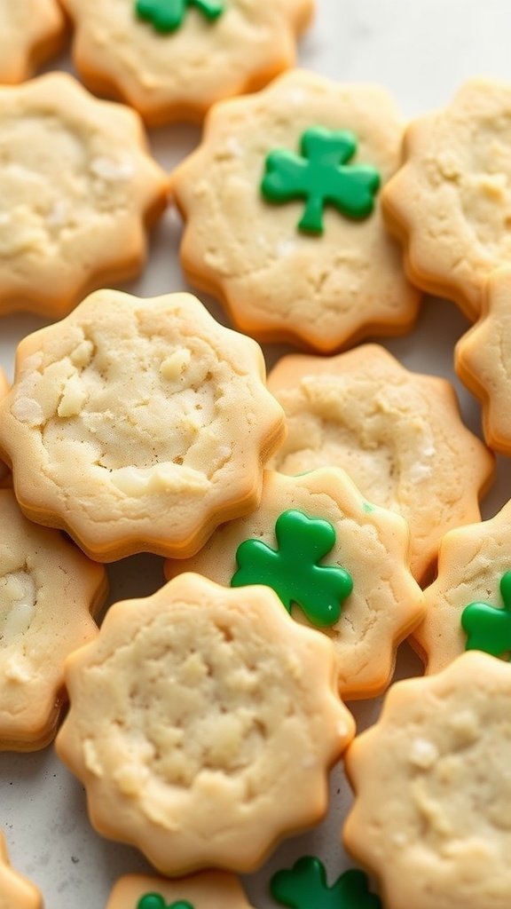 Close-up of festive butter cookies decorated with green shamrocks