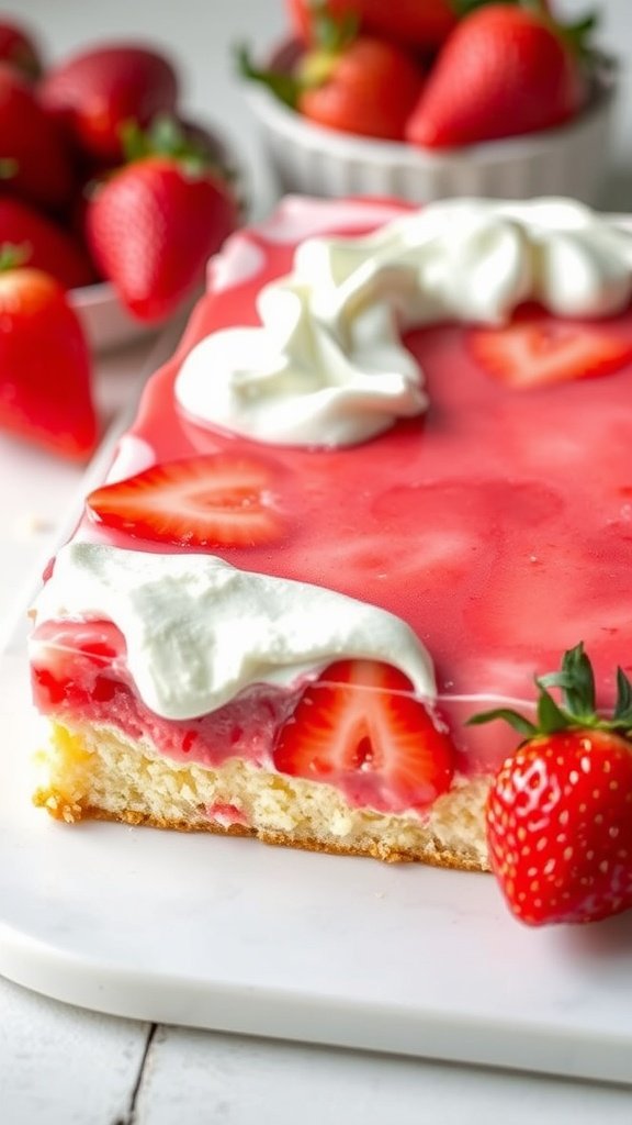 A slice of Strawberry Jello Sheet Cake with strawberries