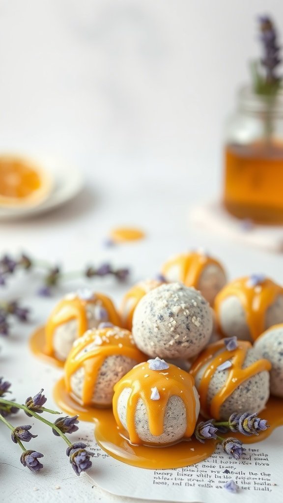 A plate of honey lavender white chocolate truffles drizzled with caramel sauce and surrounded by lavender flowers.