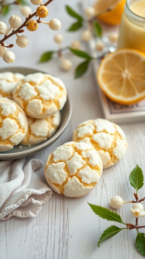 Lemon crinkle cookies on a plate with lemon slices and flowers around