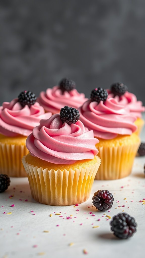 Lemon poppy seed cupcakes topped with blackberry frosting and fresh blackberries.