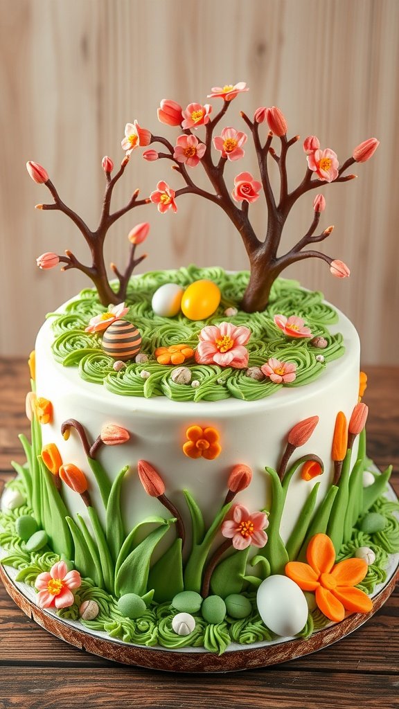 A beautifully decorated spring carrot cake with buttercream flowers and chocolate branches.