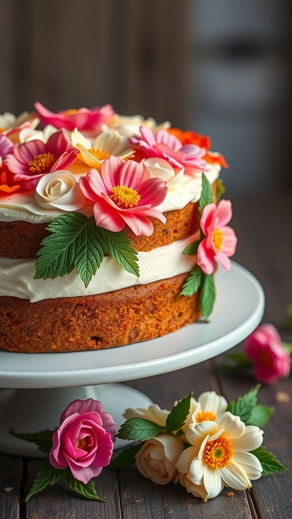 A beautifully decorated carrot cake with colorful edible flowers on top.