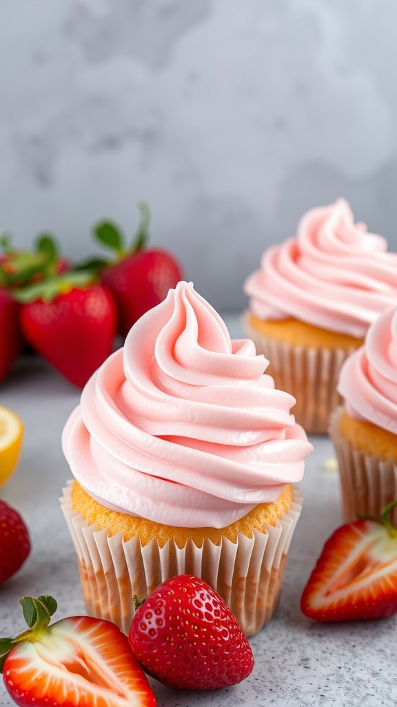 Strawberry lemonade cupcakes with pink frosting and fresh strawberries.