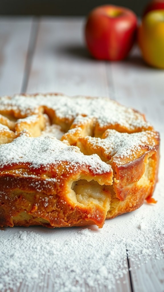 Traditional Irish Apple Cake dusted with powdered sugar, with apples in the background.