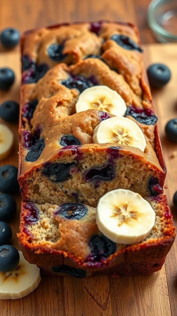 A loaf of vegan blueberry banana bread sliced, with bananas and blueberries scattered around it.