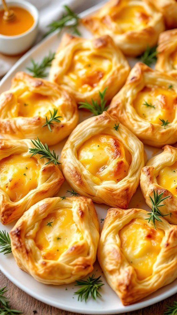 Golden Cheese-Stuffed Puff Pastry Bites with Rosemary and Honey